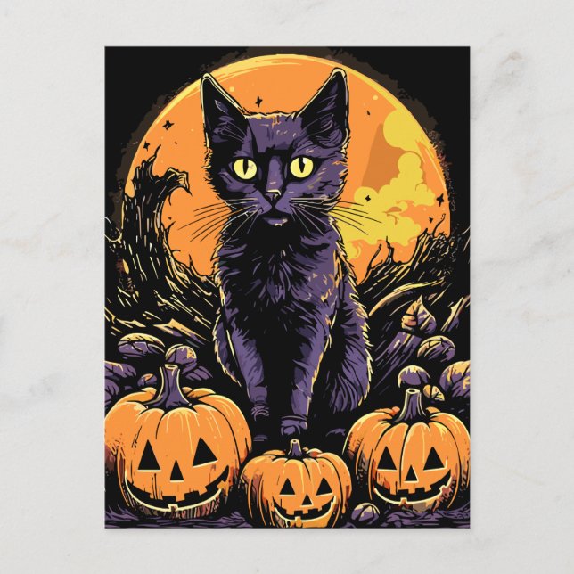 Spooky Black Cat Halloween Pumpkin Vykort (Framsida)