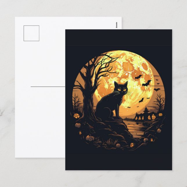Spooky Black Cat Halloween Tapet - 2025 Natt! Helg Vykort (Fram/baksida)
