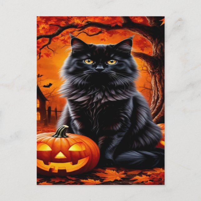 Spooky Black Cat Halloween Tapet - 2025 Natt! Helg Vykort (Framsida)