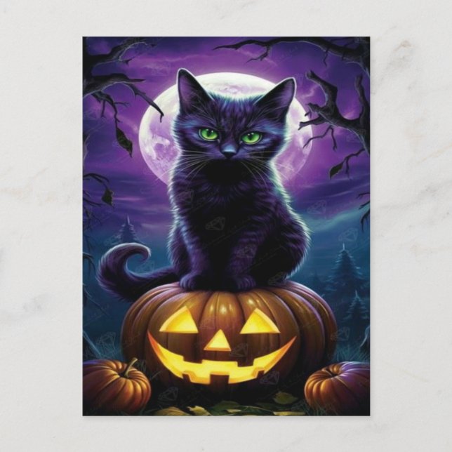 Spooky Black Cat Halloween Tapet - 2025 Natt! Helg Vykort (Framsida)