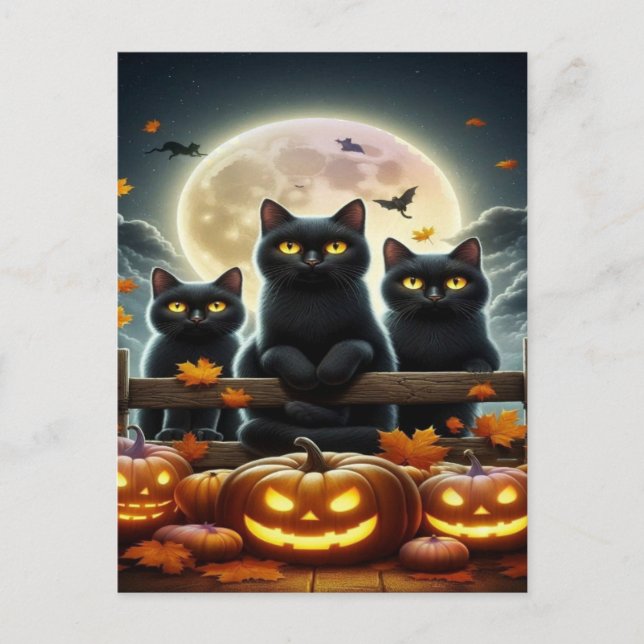 Spooky Black Cat Halloween Tapet - 2025 Natt! Helg Vykort (Framsida)