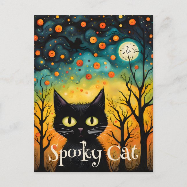 Spooky Black Cat Halloween Vykort (Framsida)