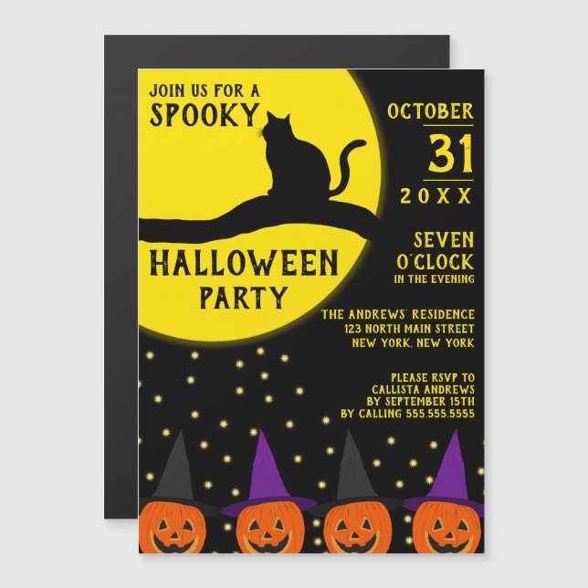 Spooky Black Cat Jack O'lantern Halloween fest Magnetisk Inbjudningskort (Fram/baksida)