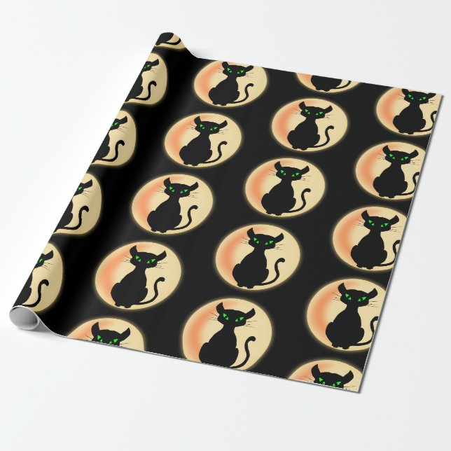 Spooky Black cat med grönt ögon mönster Presentpapper (Utrullad)