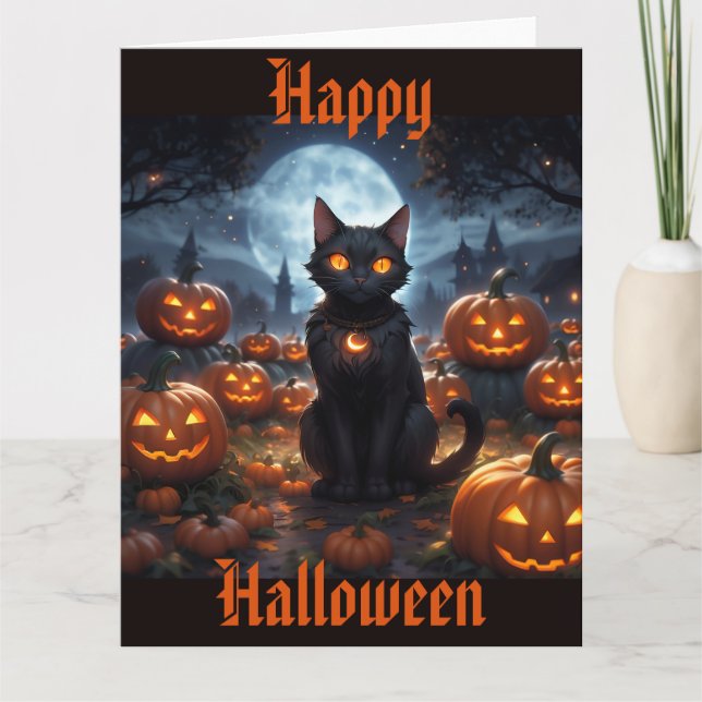 Spooky Black Cat med Jack O'Lanterns Kort (Framsida)