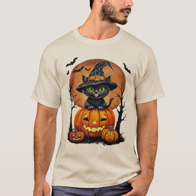 Spooky Black Cat med Pumpkin Halloween Gift T Shirt (Framsida)
