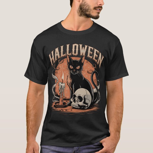 Spooky Black Cat med Skull och ljus T Shirt (Framsida)