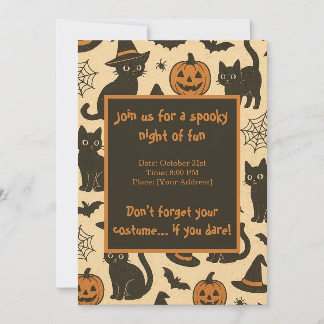 Spooky Black Cat och Pumpkin Halloween fest Inbjudningar (Framsida)