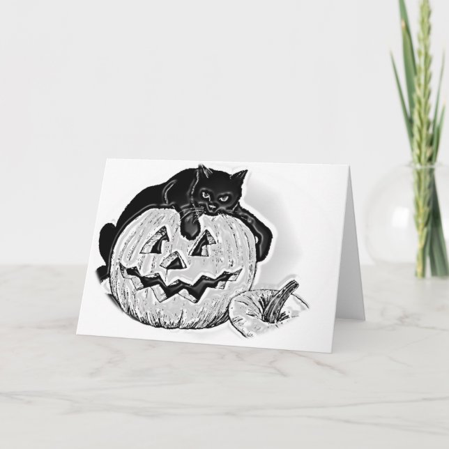 Spooky Black Cat och Pumpkin Halloween Kort (Framsida)