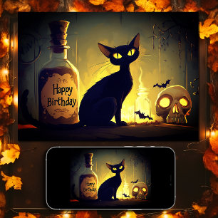 Spooky Black Cat och Skull Halloween Birthday Kort