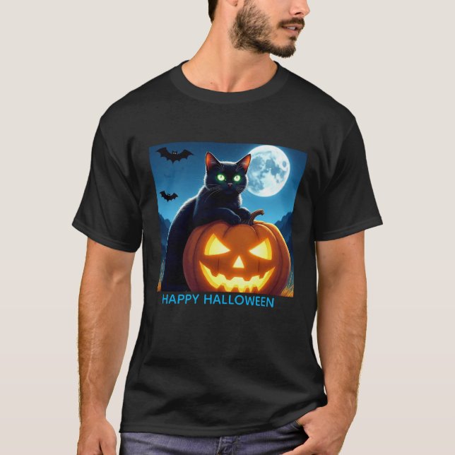 Spooky Black Cat på Pumpkin Manar T Shirt (Framsida)