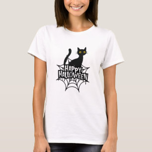 Spooky Black Cat på Spindelnätet Happy halloween T Shirt