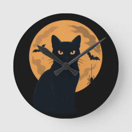 Spooky Black Cat Silhouette Halloween Gothic Cat Rund Klocka