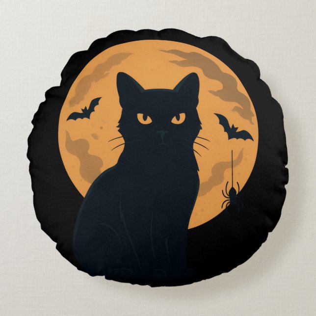 Spooky Black Cat Silhouette Halloween Gothic Cat Rund Kudde (Framsidan)