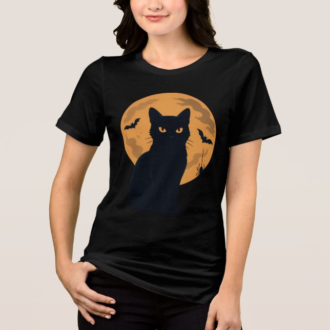 Spooky Black Cat Silhouette Halloween Gothic Cat T Shirt (Framsida)