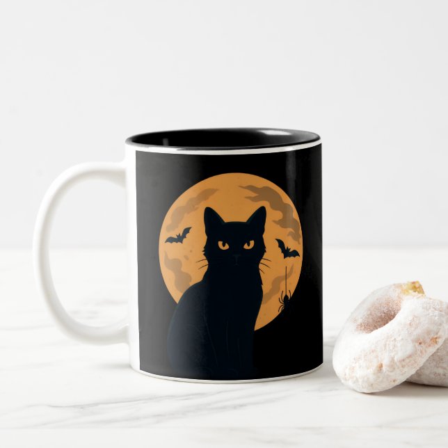 Spooky Black Cat Silhouette Halloween Gothic Cat Två-Tonad Mugg (Med munk)