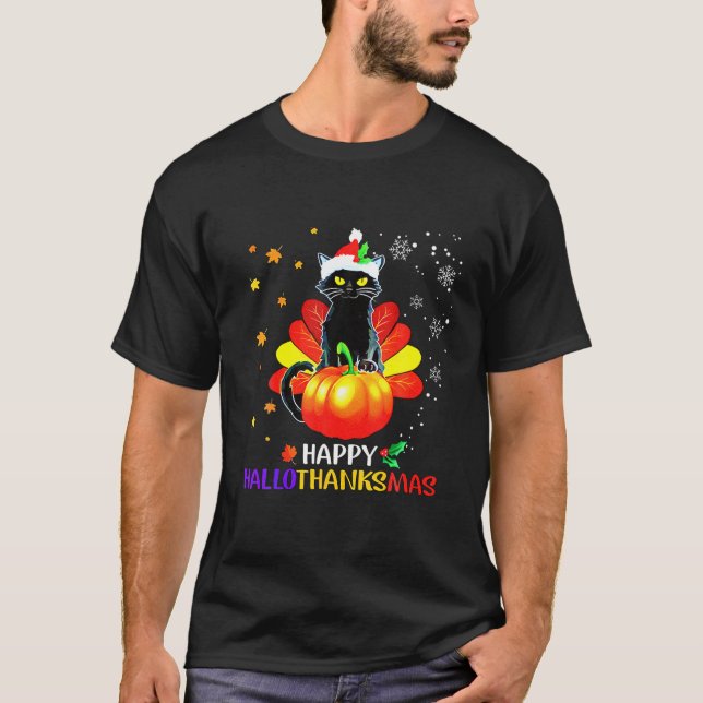 Spooky Black Cat Thanksgiving jul Lycklig Hall T Shirt (Framsida)