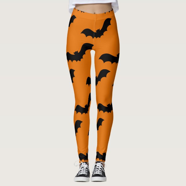 Spooky Black Fladdermus Mönster Halloween Orange Leggings (Framsida)