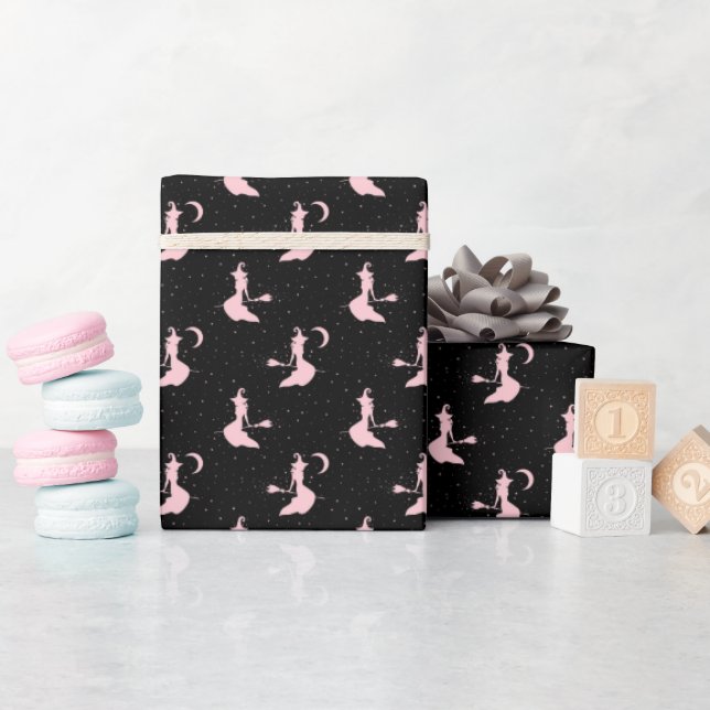 Spooky Black & Rosa Witch Wrapping Papper Roll Presentpapper (Baby Shower)