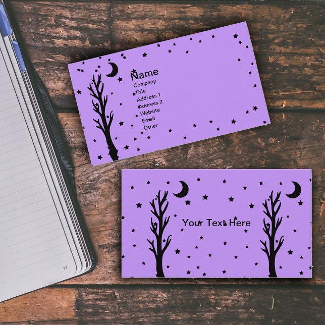 Spooky Black Träd Måne Stars Lila Visitkort (Spooky black barren tree black crescent moon stars on purple business cards.)