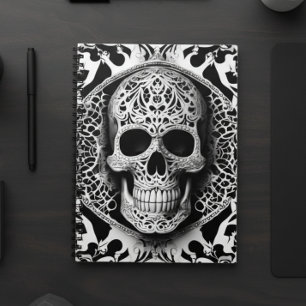 Spooky Black & White Smiling Snöre Skull Anteckningsbok