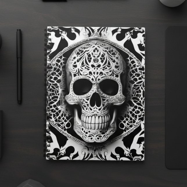 Spooky Black & White Smiling Snöre Skull Anteckningsbok (Skapare uppladdad)