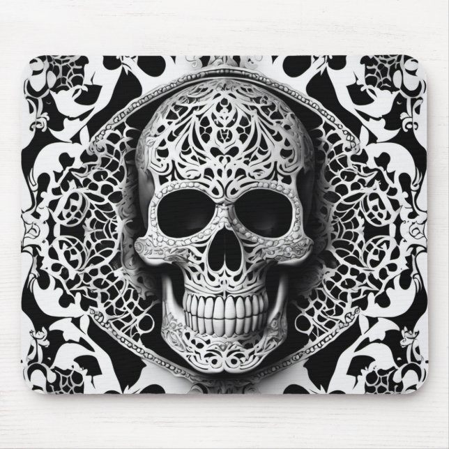 Spooky Black & White Smiling Snöre Skull Musmatta (Framsidan)