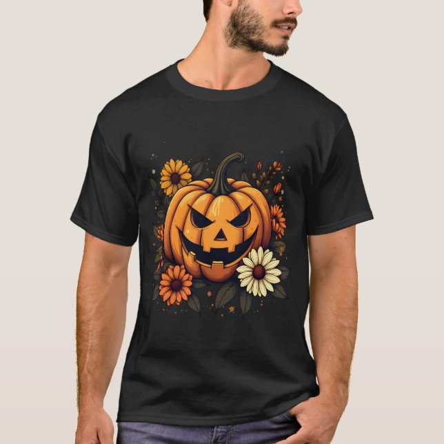 Spooky Blommigt | Autumn Fall Pumpki Halloween T Shirt (Framsida)