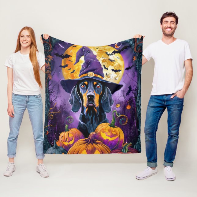 Spooky Bluetick Coonhound Halloween Witch Pumpkin Fleecefilt (På plats)
