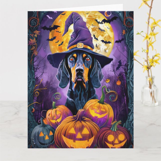 Spooky Bluetick Coonhound Halloween Witch Pumpkin Kort (Gul blomma)