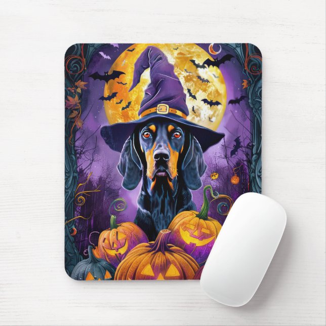 Spooky Bluetick Coonhound Halloween Witch Pumpkin Musmatta (Med mus)