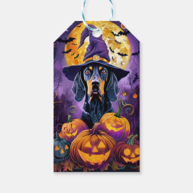 Spooky Bluetick Coonhound Halloween Witch Pumpkin Presentetikett (Framsidan)