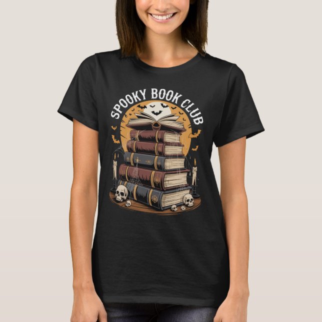 Spooky Bok Klubb Halloween Bookworm Librarian T Shirt (Framsida)