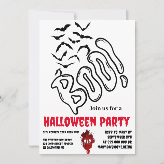 Spooky BOO Fladdermus Svarmt Halloween-designinbju Inbjudningar (Framsida)