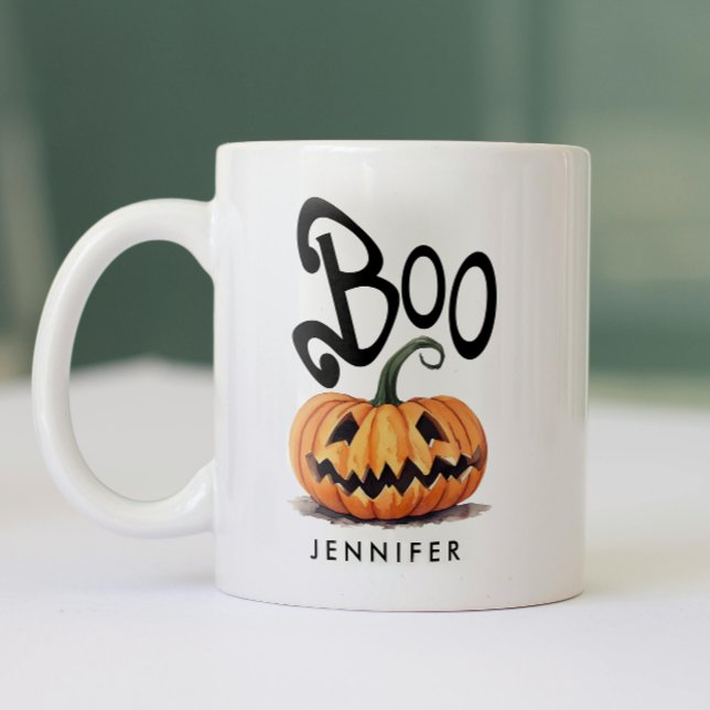 Spooky Boo Orange Black Halloween Pumpkin Namn Två-Tonad Mugg (Skapare uppladdad)