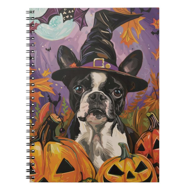 Spooky Boston Terrier Halloween Witch och Pumpkin Anteckningsbok (Framsidan)