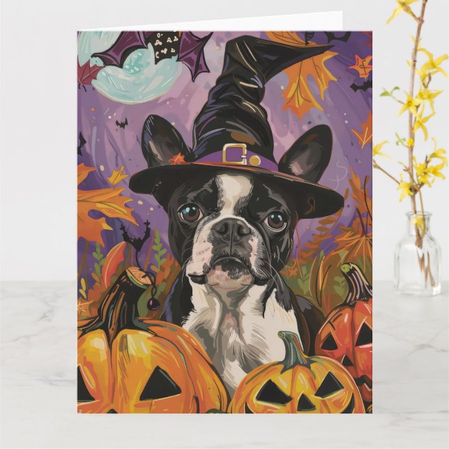 Spooky Boston Terrier Halloween Witch och Pumpkin Kort (Gul blomma)