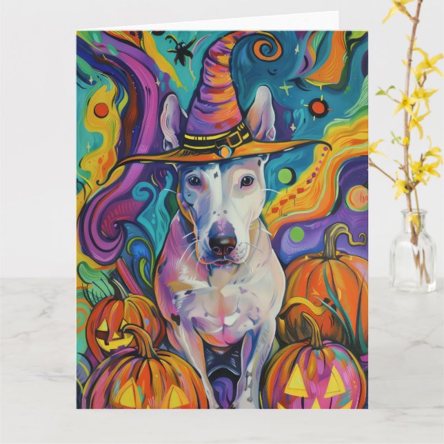 Spooky Bull Terrier Halloween Witch och Pumpkin Kort (Gul blomma)