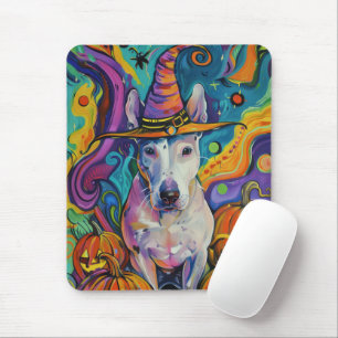 Spooky Bull Terrier Halloween Witch och Pumpkin Musmatta