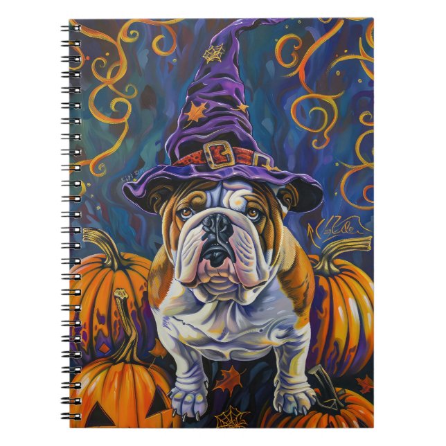 Spooky Bulldog Halloween Witch och Pumpkin Anteckningsbok (Framsidan)