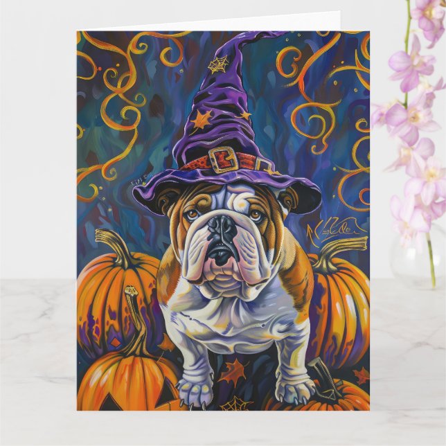 Spooky Bulldog Halloween Witch och Pumpkin Kort (Orkide)