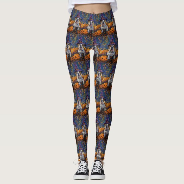 Spooky Bulldog Halloween Witch och Pumpkin Leggings (Framsida)