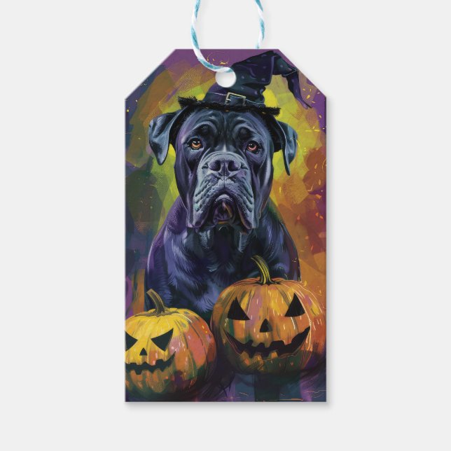 Spooky Bullmastiff Hund Halloween Witch och Pumpki Presentetikett (Framsidan)