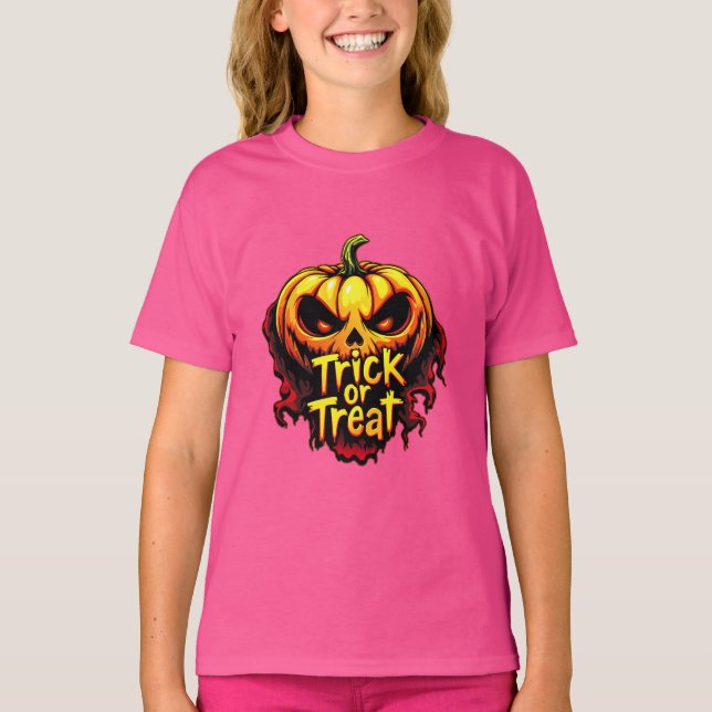 Spooky "Bus eller godis" Pumpkin Halloween Art T Shirt (Framsida)