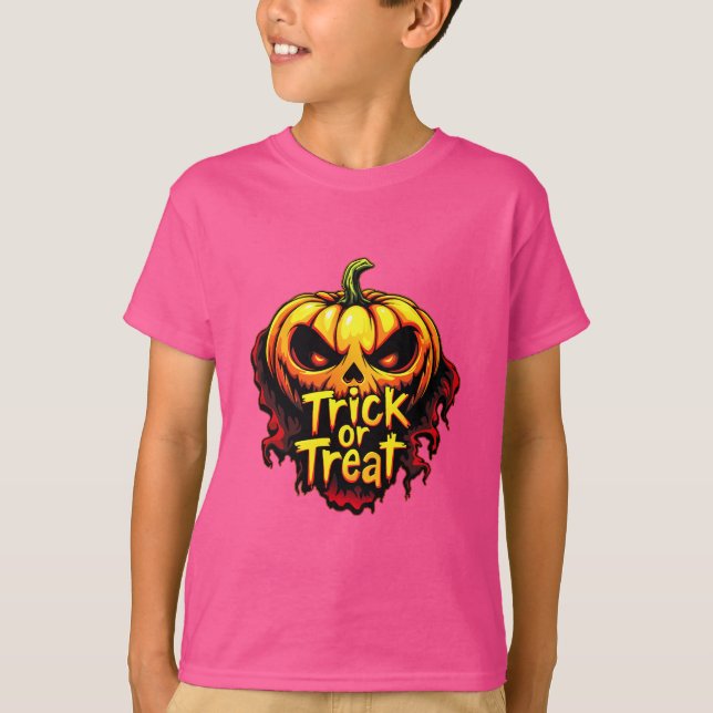 Spooky "Bus eller godis" Pumpkin Halloween Art T Shirt (Framsida)