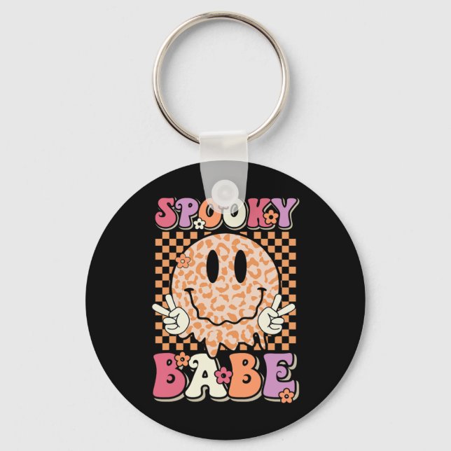 Spooky Bybe Groovy Halloween Leopard Smile Ansikte Nyckelring (Framsida)
