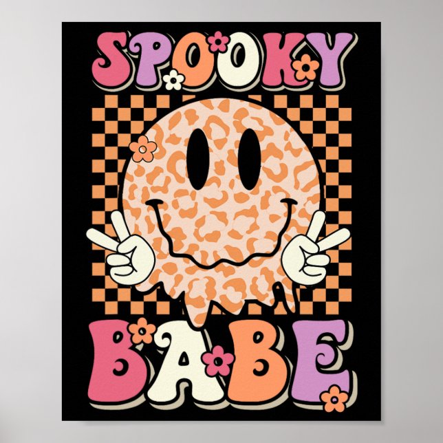 Spooky Bybe Groovy Halloween Leopard Smile Ansikte Poster (Framsidan)