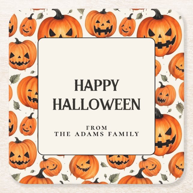 Spooky Carved Pumpkins & Höst löv Halloween Underlägg Papper Kvadrat (Framsidan)