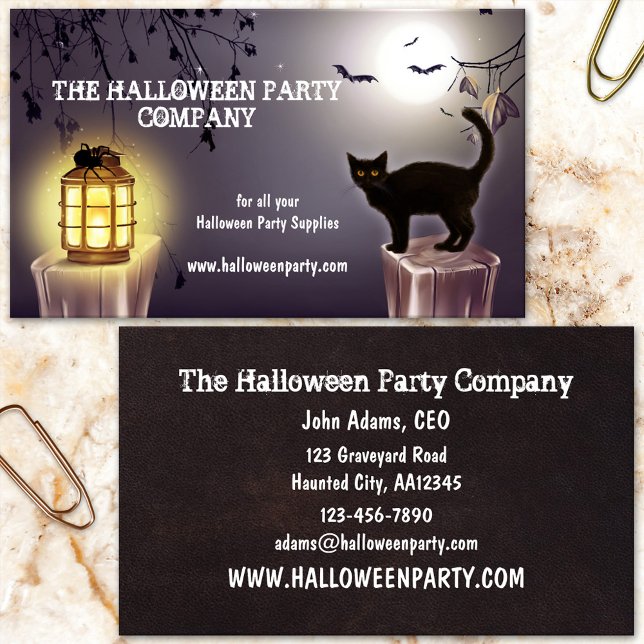 Spooky Cat "Affärskortet Fladdermus Halloween fest Visitkort (Halloween business card showing a cute black cat, spider on a lantern and bats at full moon)