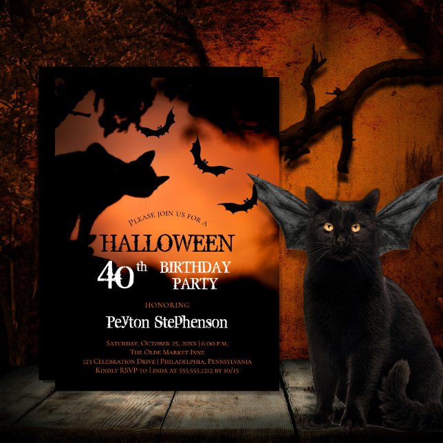 Spooky Cat | Fladdermöss Halloween 40:e födelsedag Inbjudningar (Spooky black cat and bats against an orange sky Halloween 40th Birthday Party Invitation)